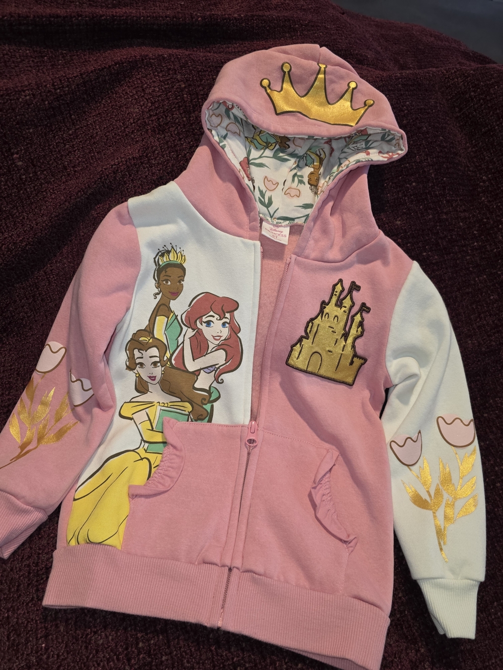 B8 - Disney Pink Princess Zip-Up Hoodie with Gold Castle & Crown
